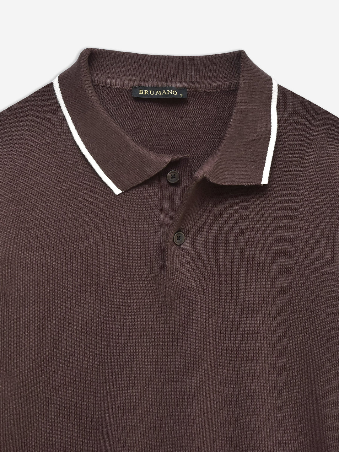 Brumano  Solids Cotton Polo Dark Brown Flat Knit Polo With Tipped Collar