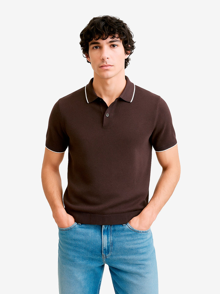 Brumano  Solids Cotton Polo Dark Brown Flat Knit Polo With Tipped Collar