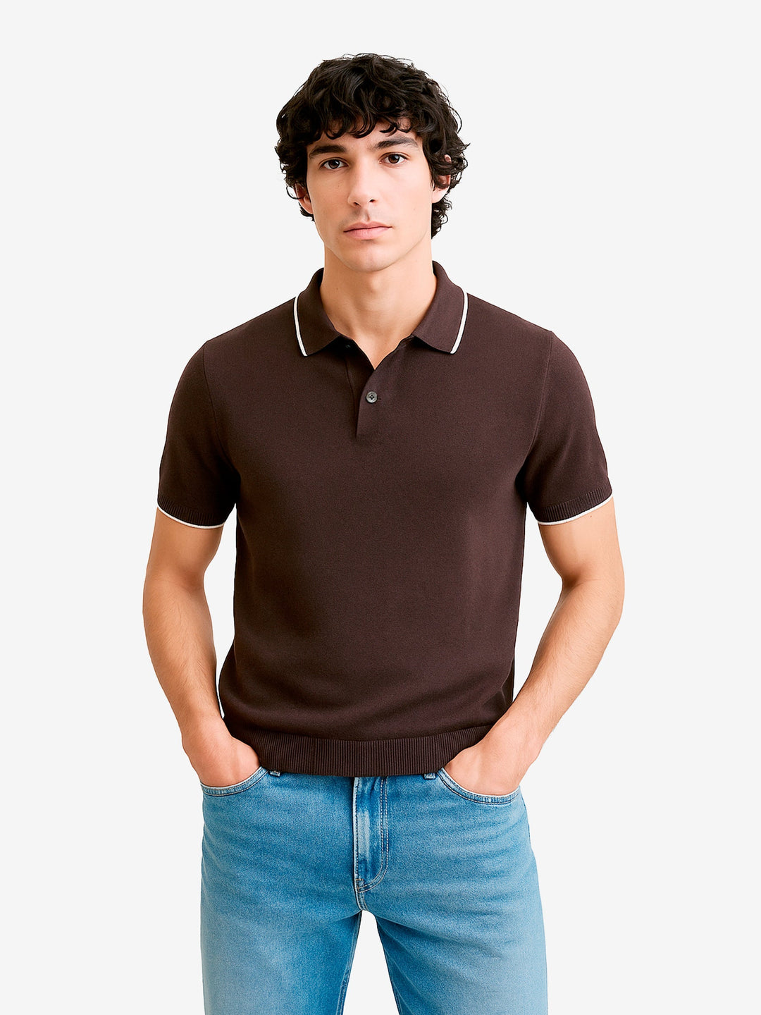 Brumano  Solids Cotton Polo Dark Brown Flat Knit Polo With Tipped Collar