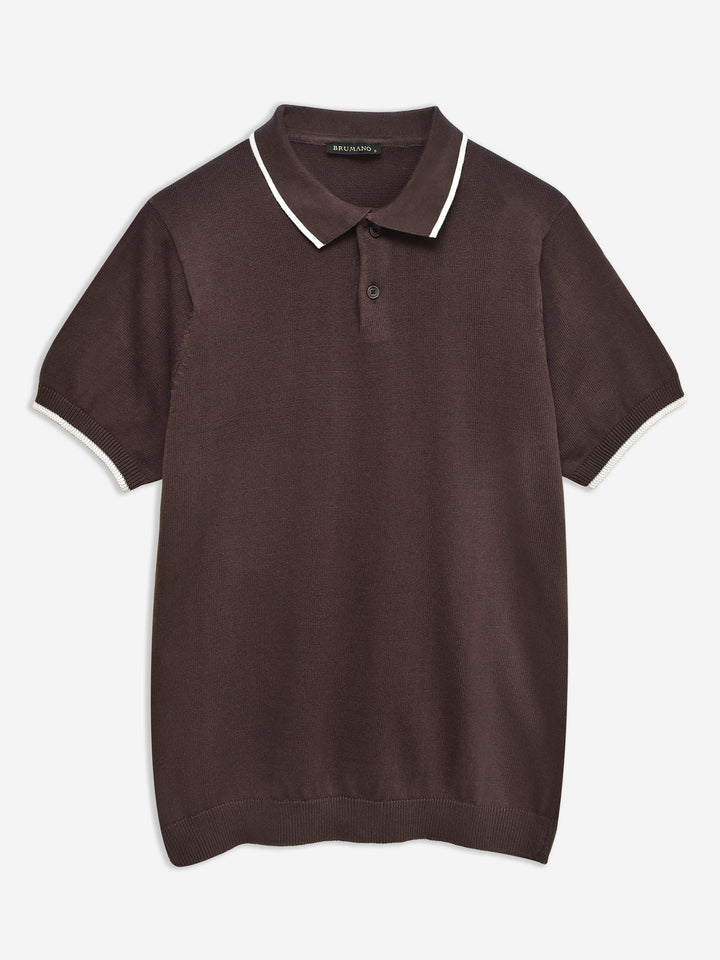 Brumano  Solids Cotton Polo Dark Brown Flat Knit Polo With Tipped Collar