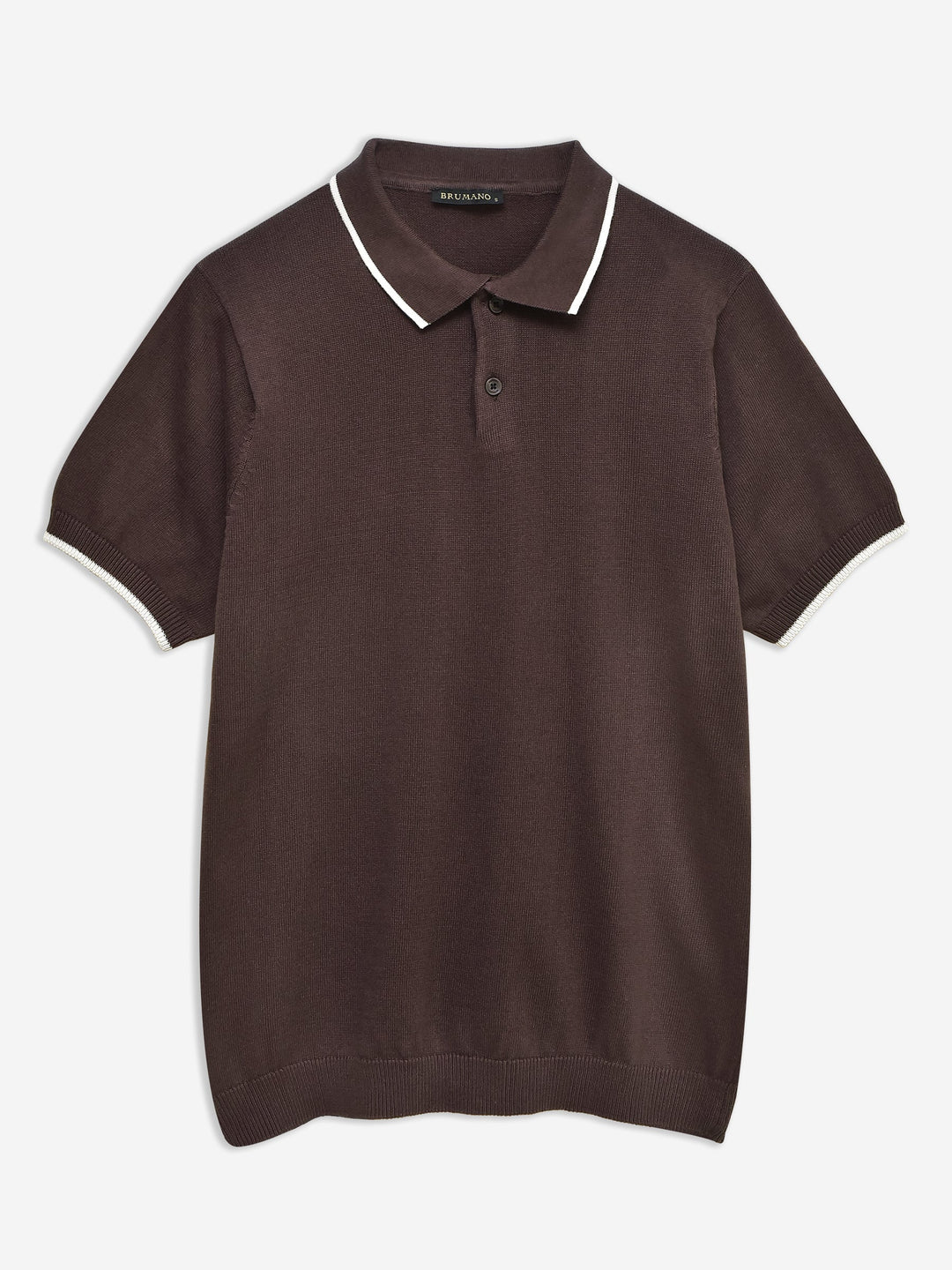 Brumano  Solids Cotton Polo Dark Brown Flat Knit Polo With Tipped Collar