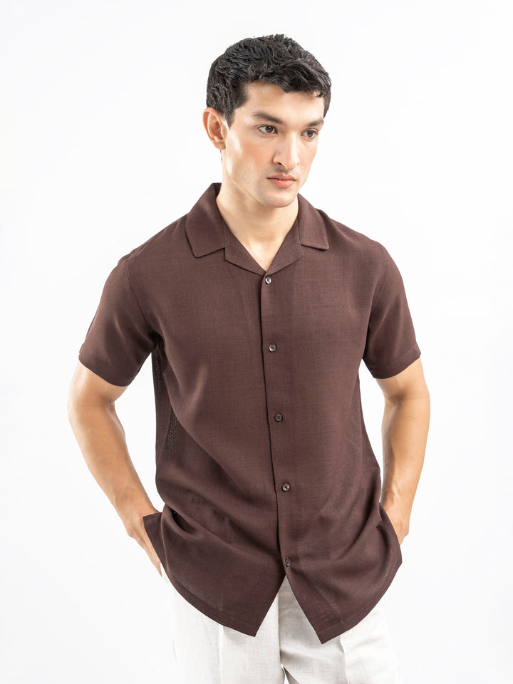 Brumano Ready To Wear Shirts Men 1 Piece Polyester Dark Brown Structured Cuban Collar Shirt 0-33-025-4381 - Summer Collection