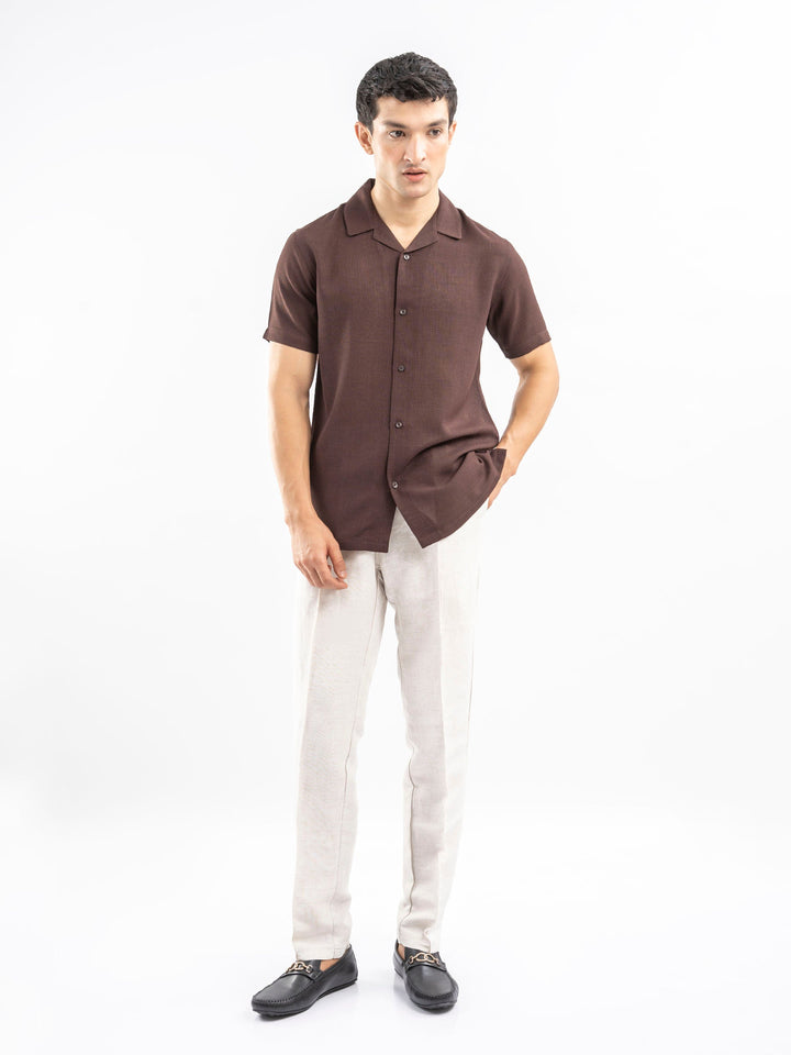 Brumano Ready To Wear Shirts Men 1 Piece Polyester Dark Brown Structured Cuban Collar Shirt 0-33-025-4381 - Summer Collection