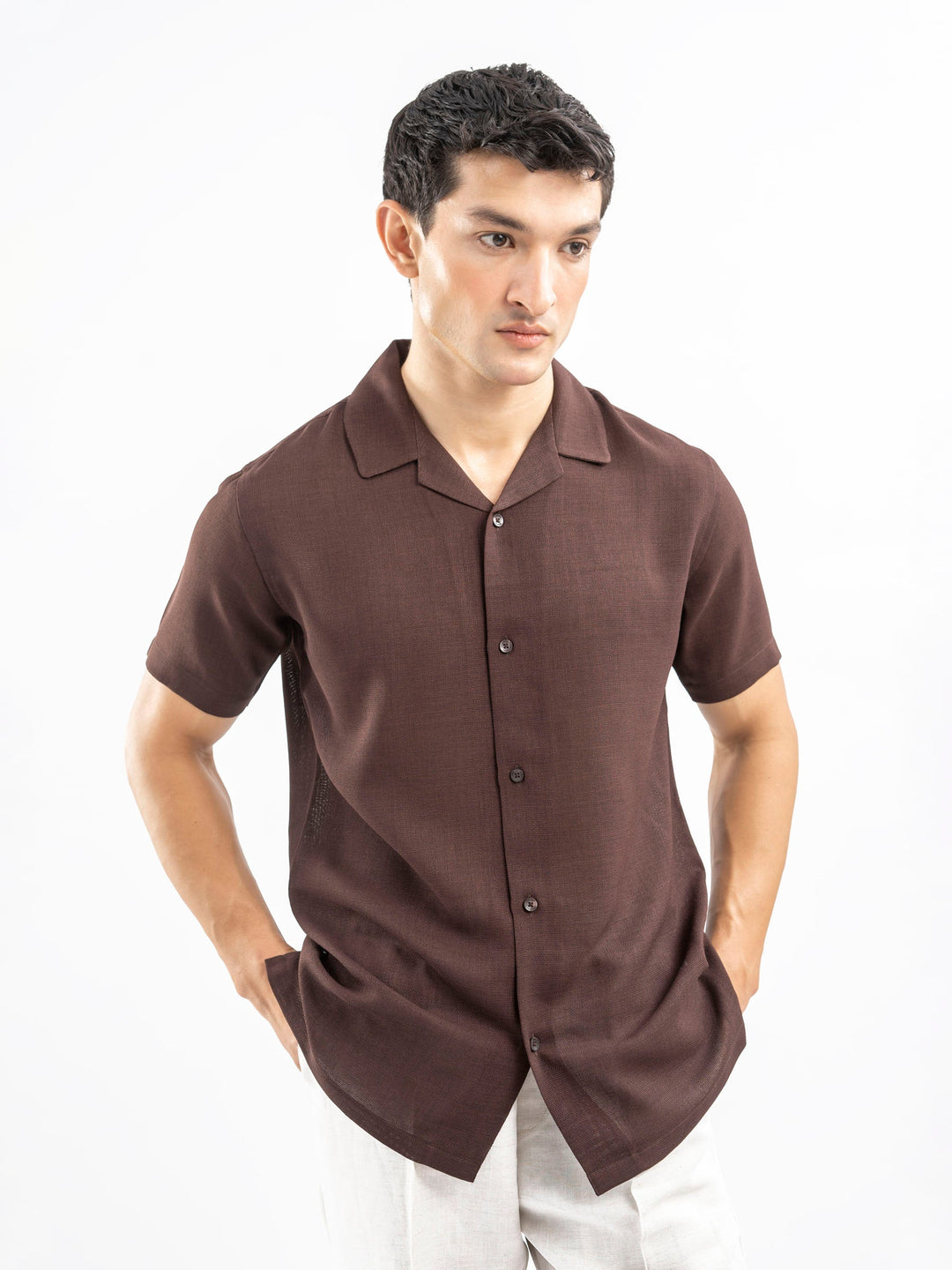 Brumano Ready To Wear Shirts Men 1 Piece Polyester Dark Brown Structured Cuban Collar Shirt 0-33-025-4381 - Summer Collection