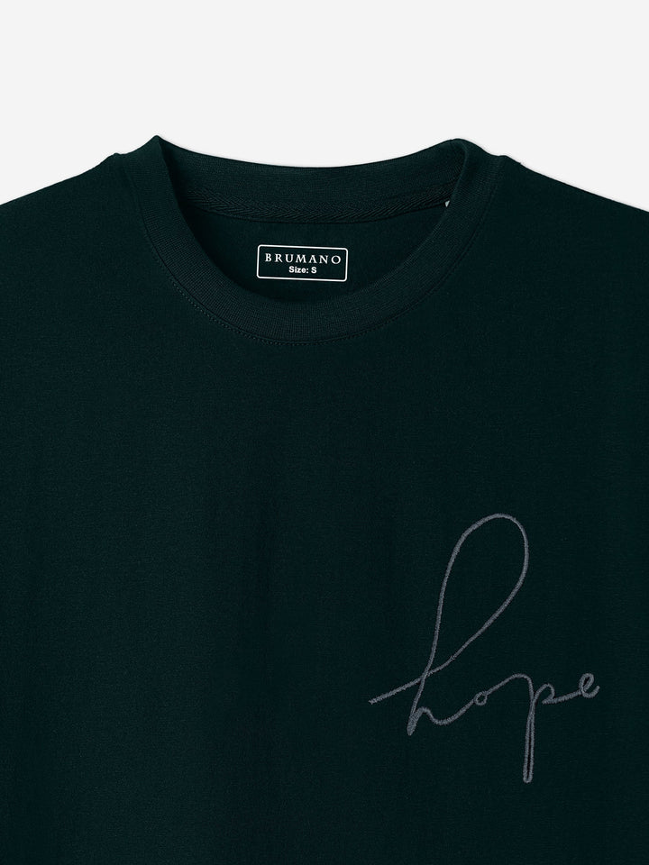 Brumano Cotton Printed Men - Dark Green Oversized T-Shirt With Minimalist 'Hope' Embroidery