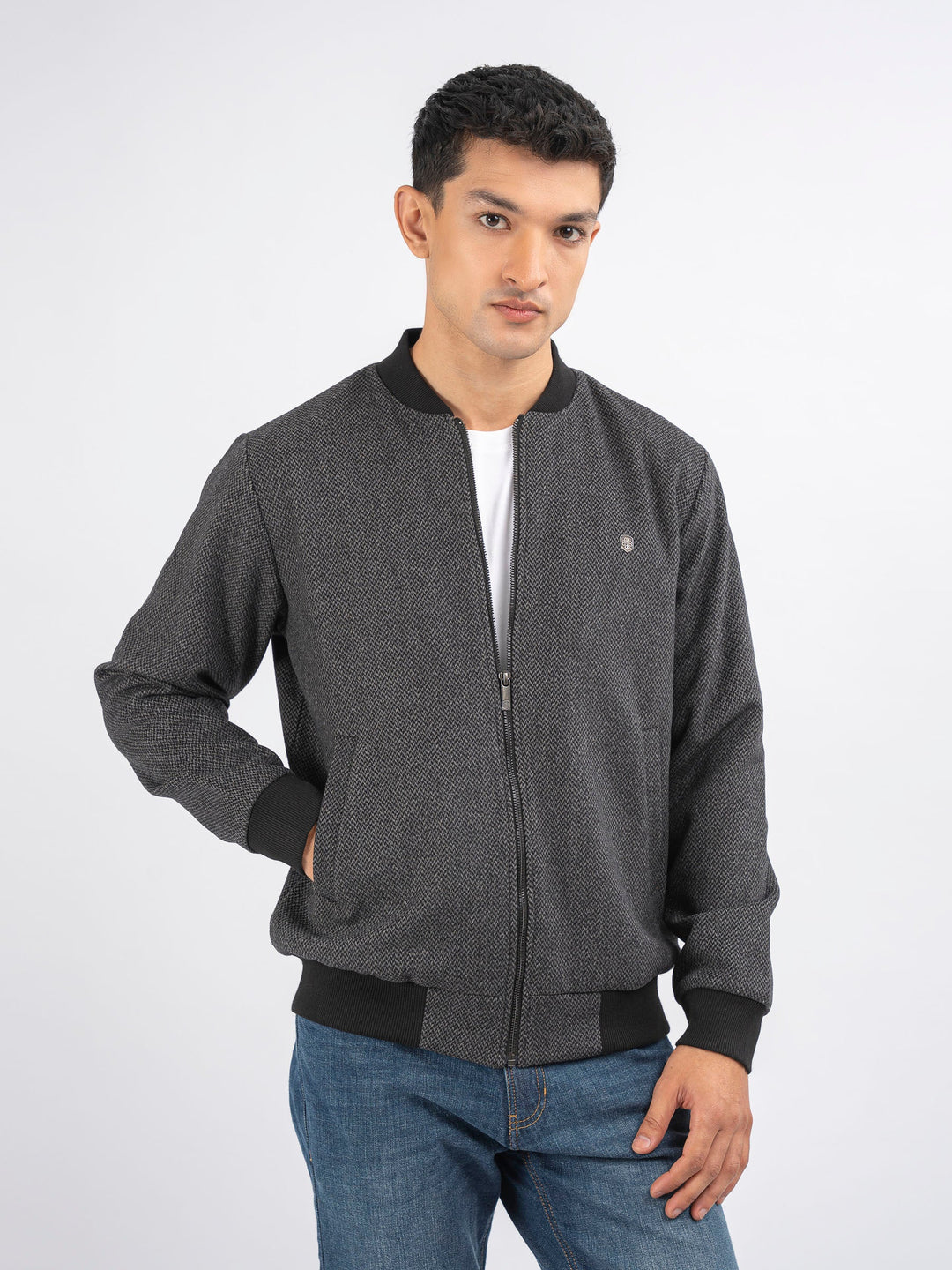 Brumano Pret Solids Polyester 1 Piece Dark Grey Herringbone Structured Wool Bomber Jacket