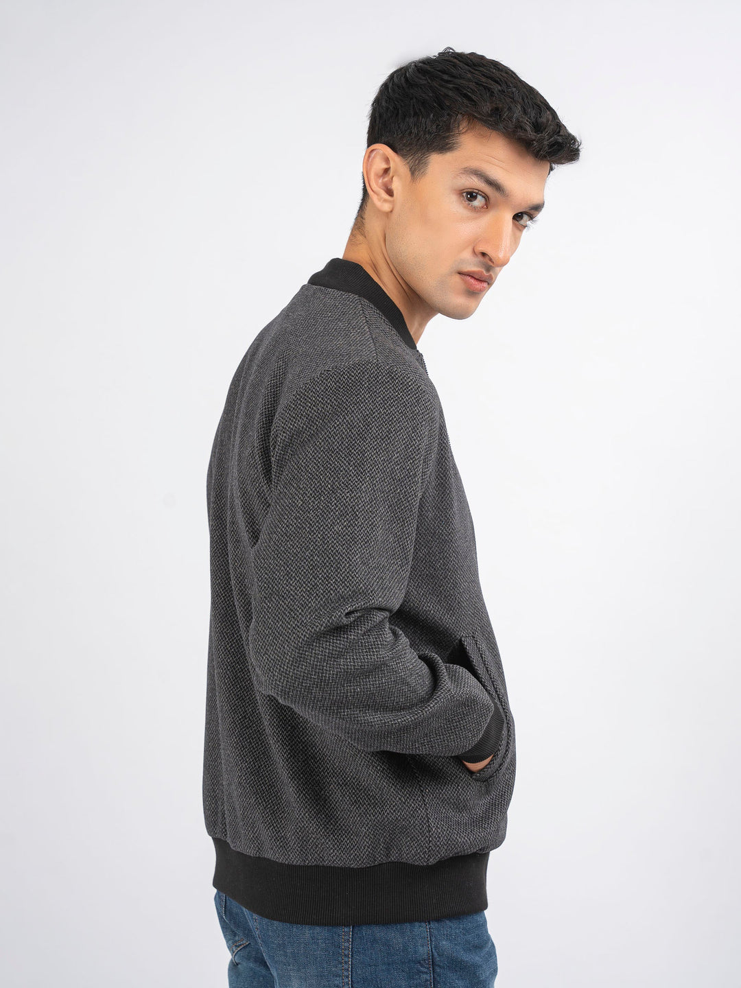 Brumano Pret Solids Polyester 1 Piece Dark Grey Herringbone Structured Wool Bomber Jacket