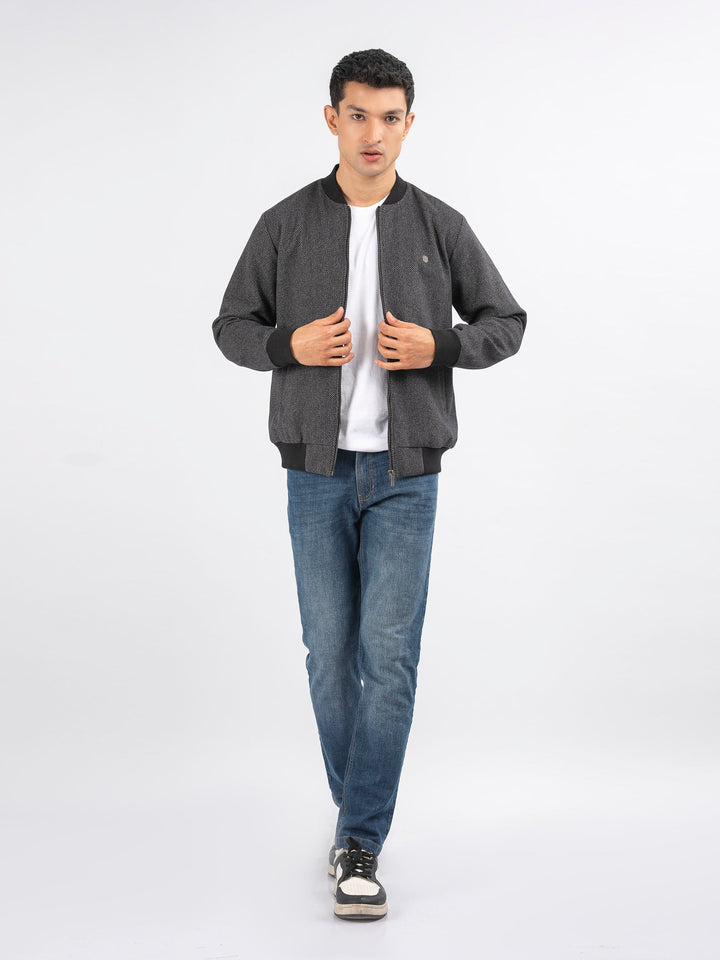 Brumano Pret Solids Polyester 1 Piece Dark Grey Herringbone Structured Wool Bomber Jacket