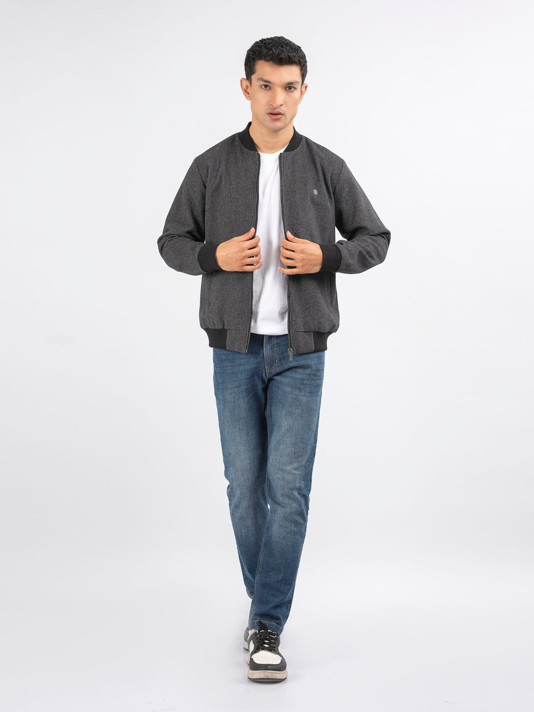 Brumano Pret Solids Polyester 1 Piece Dark Grey Herringbone Structured Wool Bomber Jacket