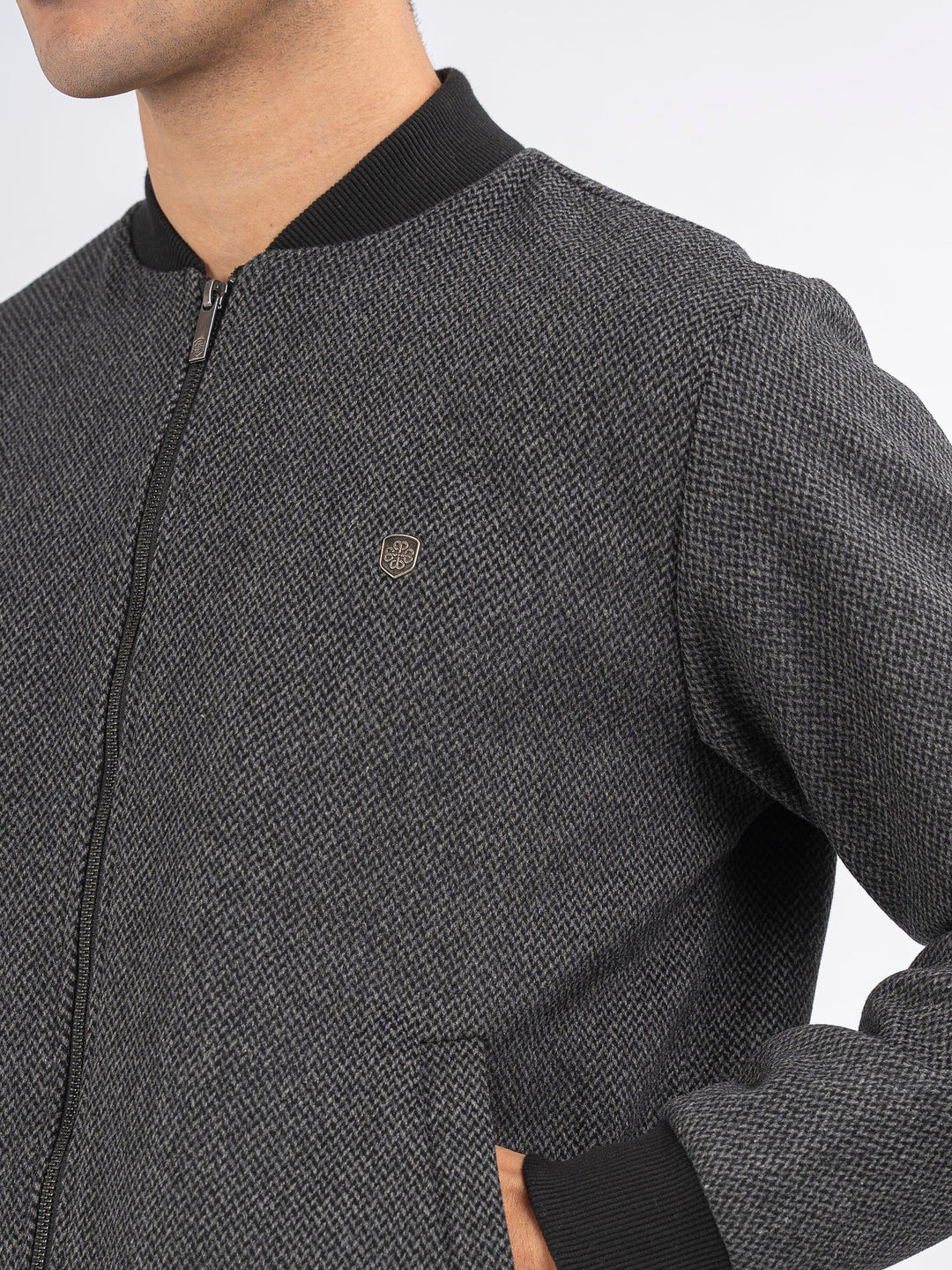 Brumano Pret Solids Polyester 1 Piece Dark Grey Herringbone Structured Wool Bomber Jacket