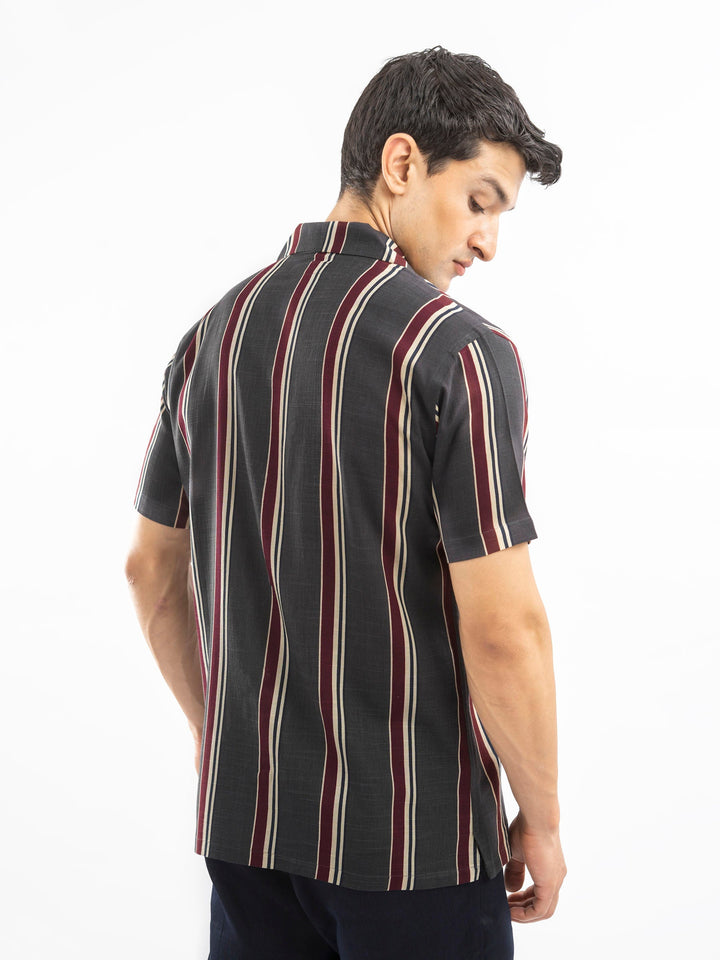 Brumano Ready To Wear Shirts Men 1 Piece Cotton Dark Grey Stiped Cuban Collar Shirt 0-33-025-4405 - Summer Collection