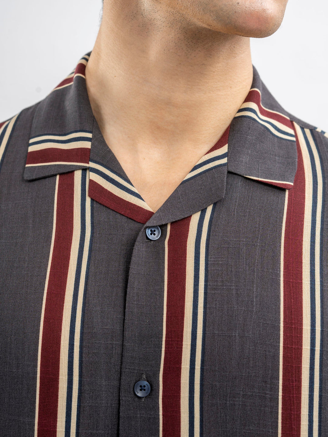 Brumano Ready To Wear Shirts Men 1 Piece Cotton Dark Grey Stiped Cuban Collar Shirt 0-33-025-4405 - Summer Collection