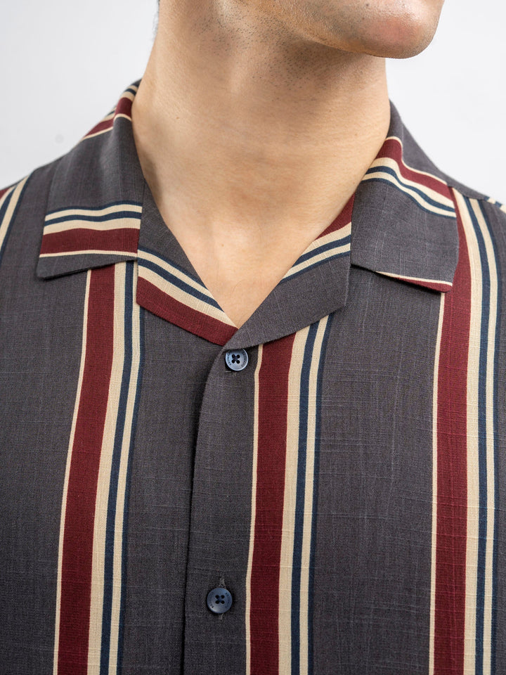 Brumano Ready To Wear Shirts Men 1 Piece Cotton Dark Grey Stiped Cuban Collar Shirt 0-33-025-4405 - Summer Collection