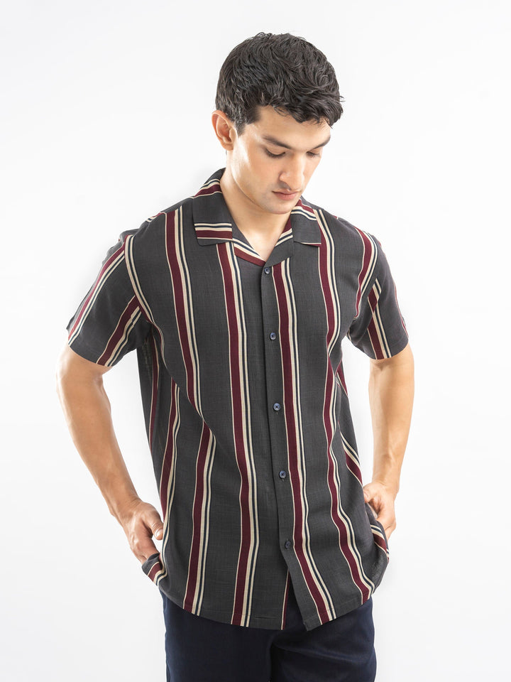 Brumano Ready To Wear Shirts Men 1 Piece Cotton Dark Grey Stiped Cuban Collar Shirt 0-33-025-4405 - Summer Collection