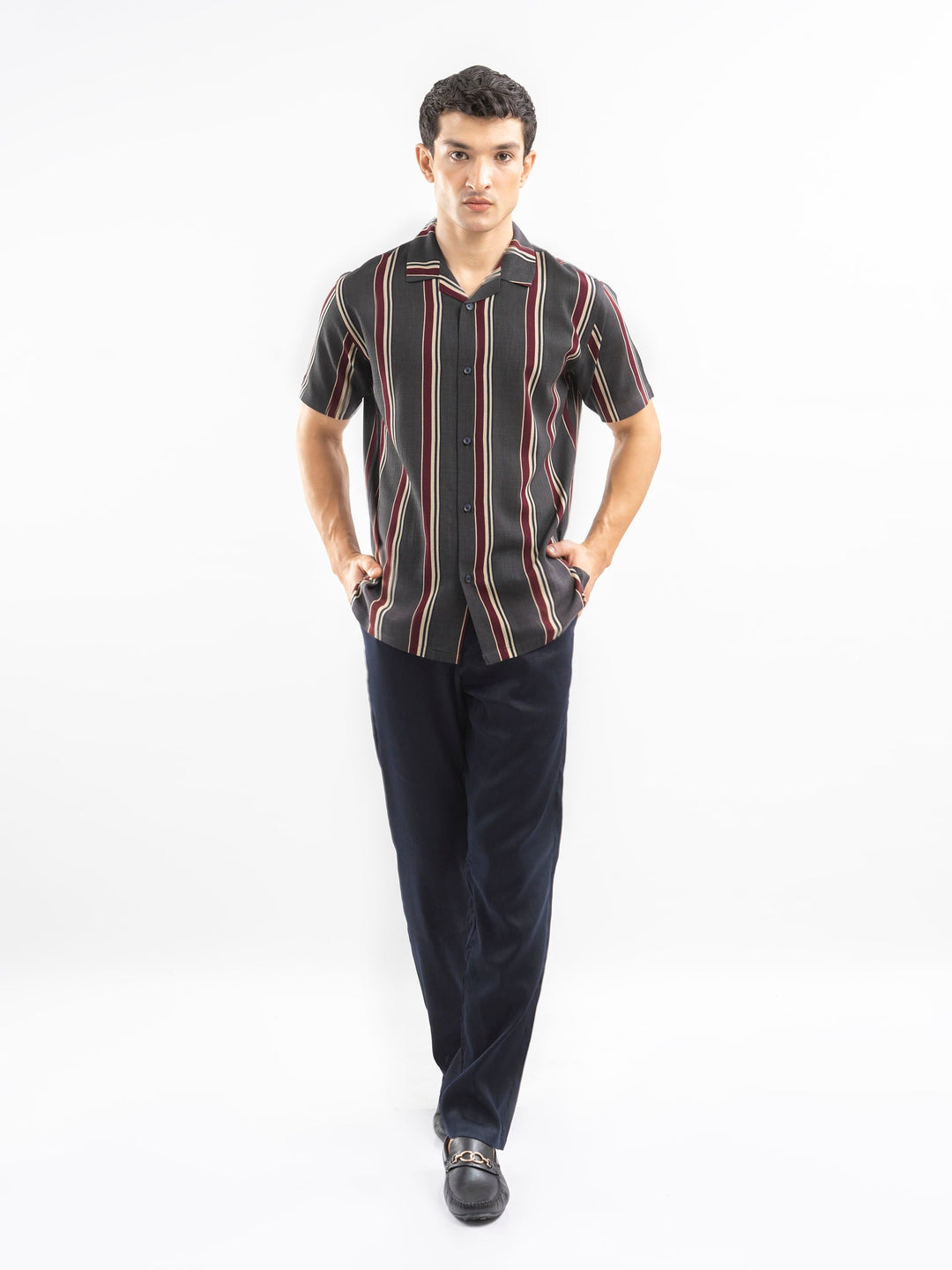 Brumano Ready To Wear Shirts Men 1 Piece Cotton Dark Grey Stiped Cuban Collar Shirt 0-33-025-4405 - Summer Collection