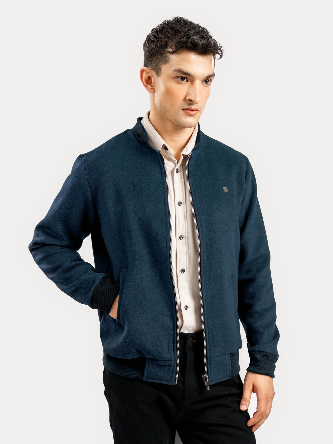 Brumano Mens RTW Solids Wool Jacket Dark Teal Blue Detachable Collar Winter Collection