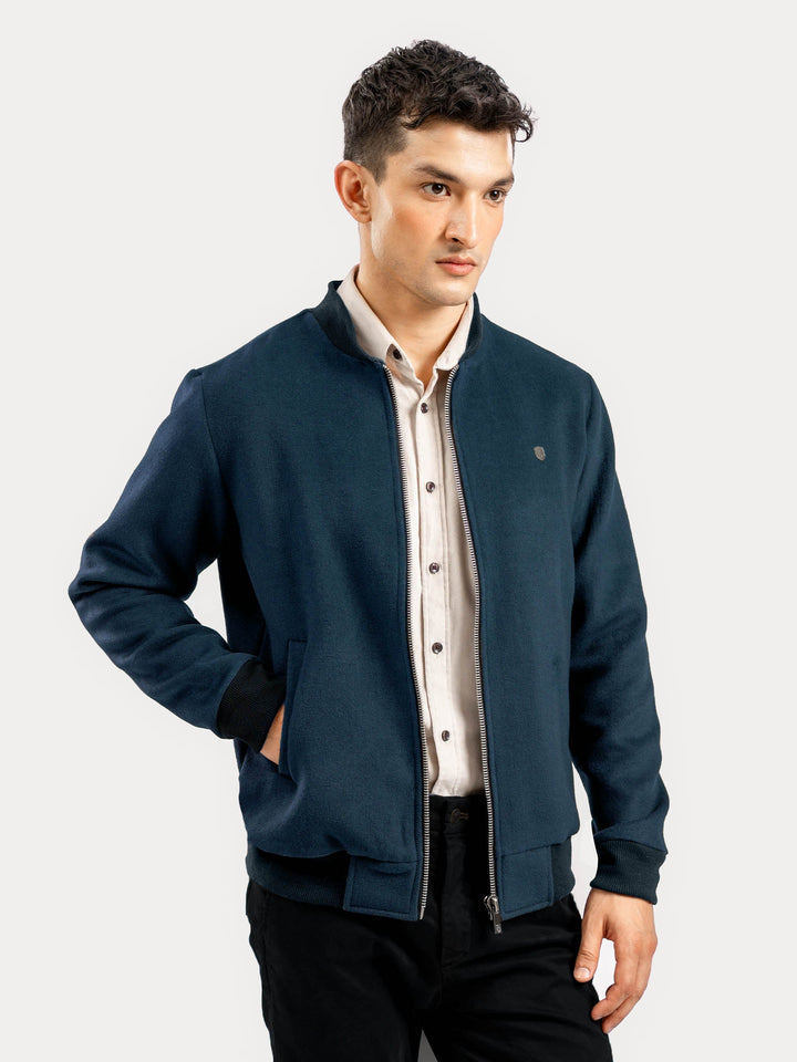 Brumano Mens RTW Solids Wool Jacket Dark Teal Blue Detachable Collar Winter Collection