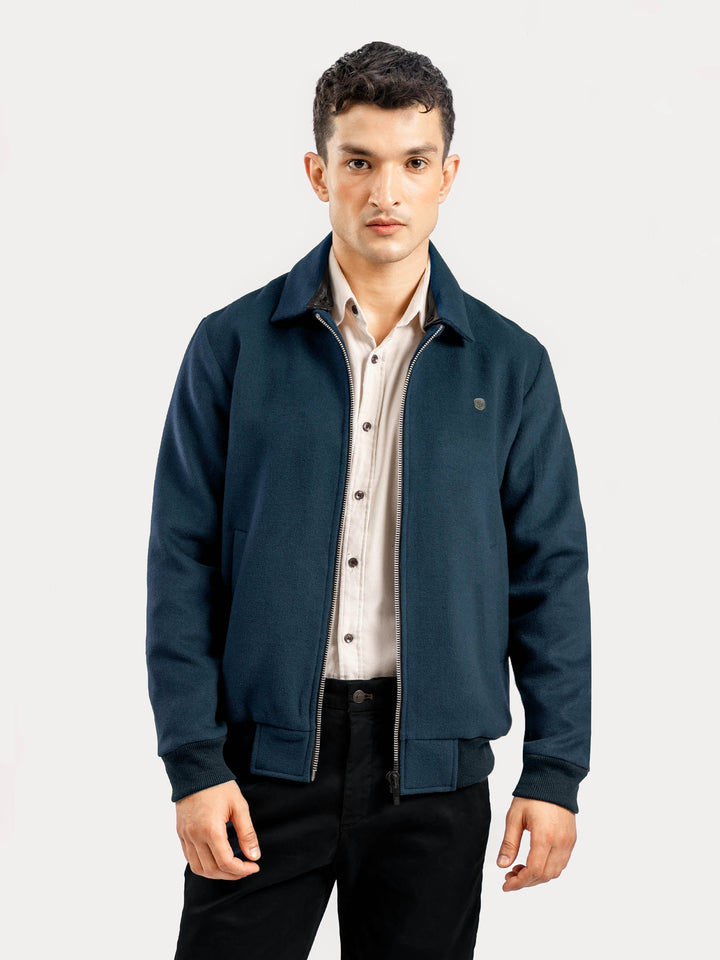 Brumano Mens RTW Solids Wool Jacket Dark Teal Blue Detachable Collar Winter Collection