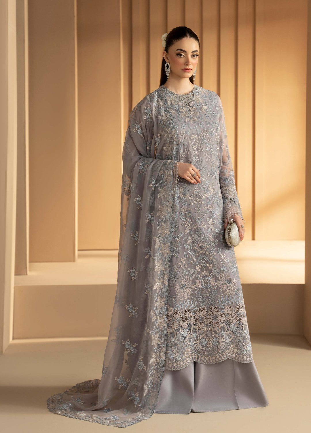 Purkashish by Lavish Premium Unstitched Embroidered Chiffon 3 Piece Suit LVP26UCP Silver Sage D-01 - Wedding Collection