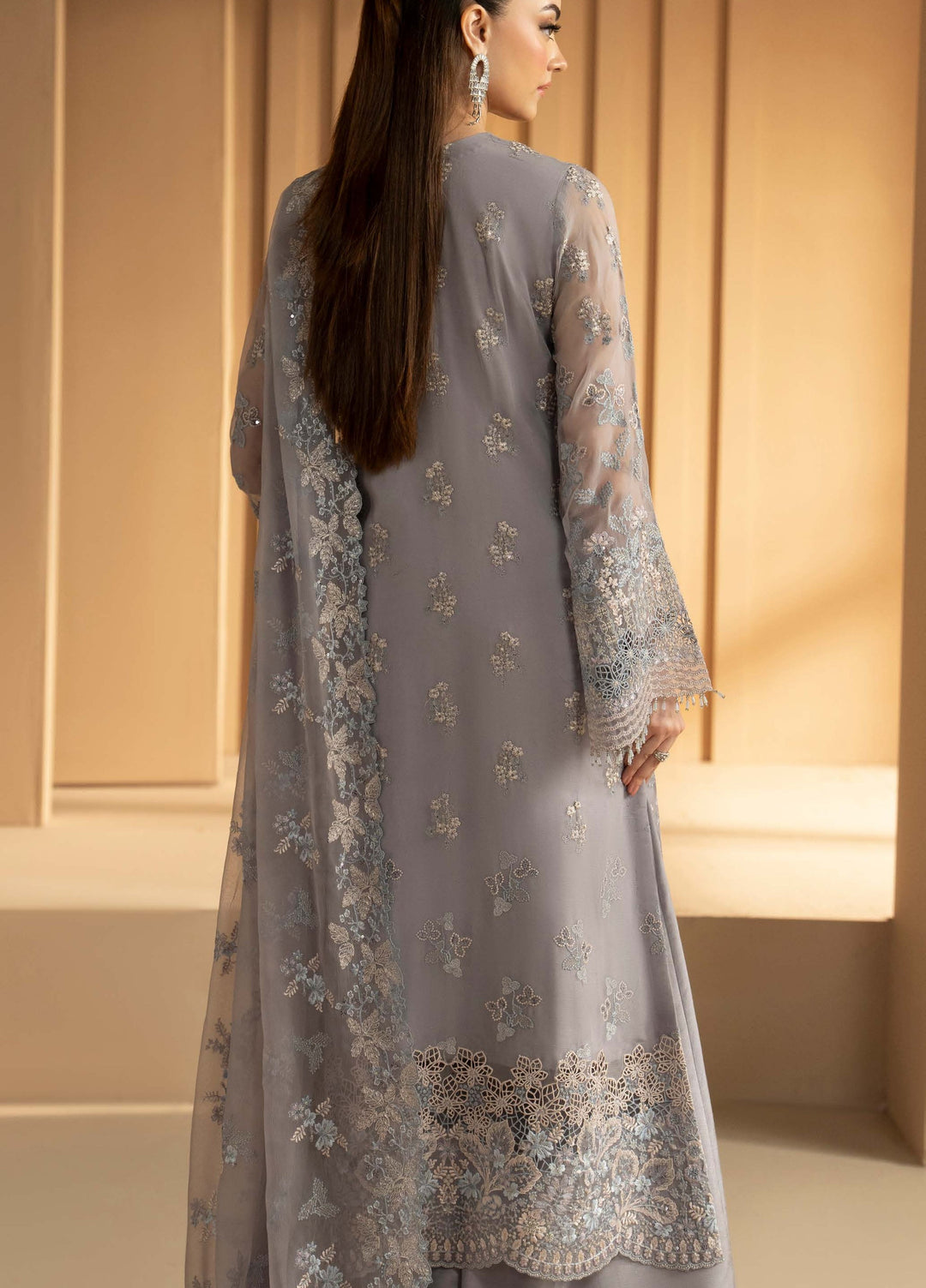 Purkashish by Lavish Premium Unstitched Embroidered Chiffon 3 Piece Suit LVP26UCP Silver Sage D-01 - Wedding Collection