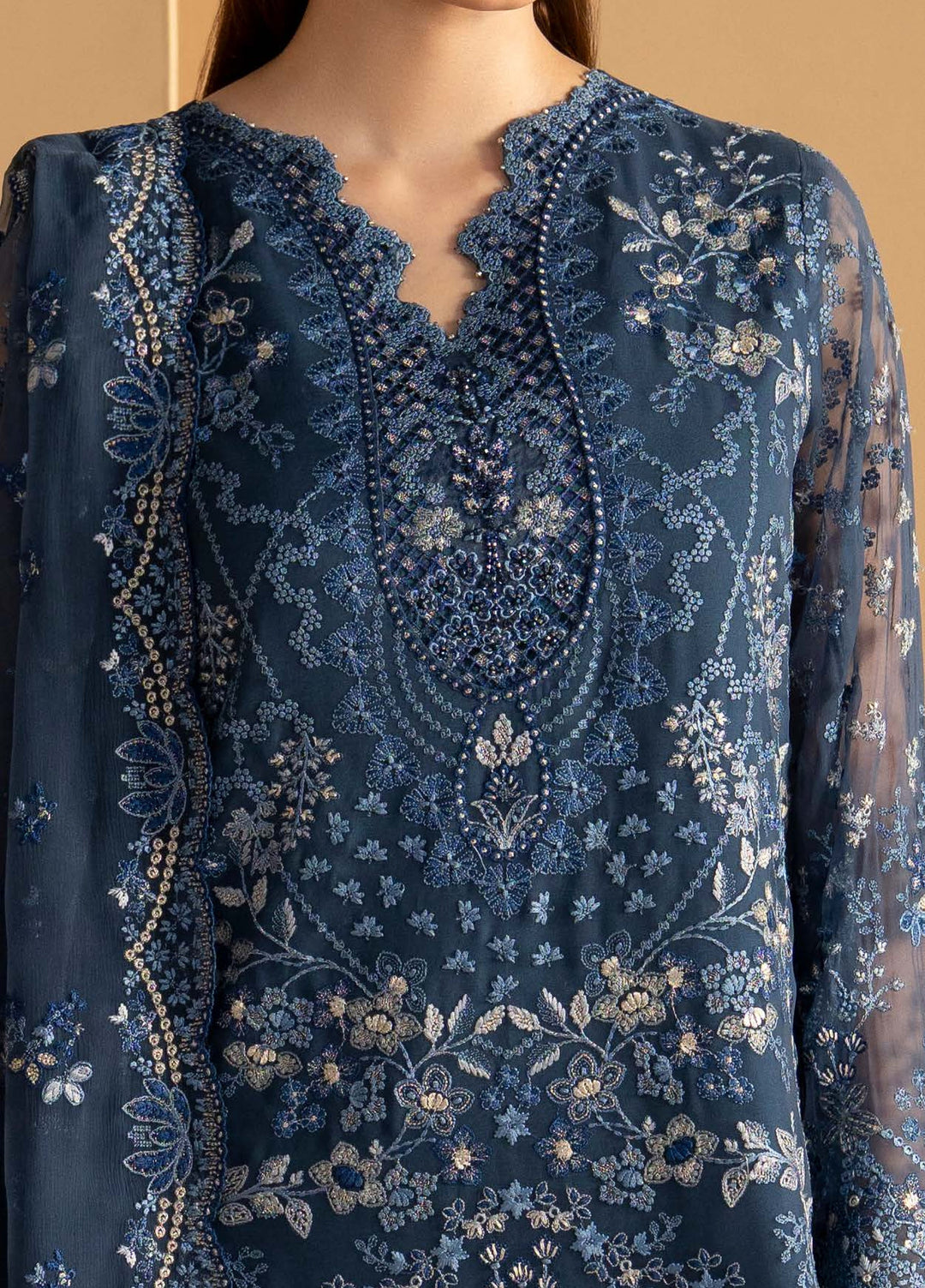 Purkashish by Lavish Premium Unstitched Embroidered Chiffon 3 Piece Suit LVP26UCP Midnight Sapphire D-03 - Wedding Collection