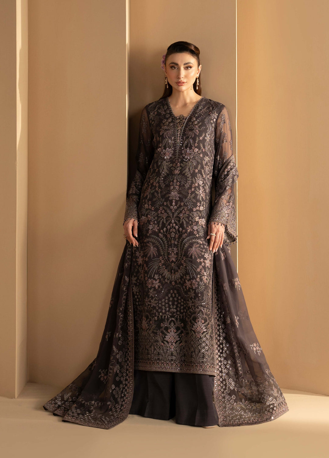 Purkashish by Lavish Premium Unstitched Embroidered Chiffon 3 Piece Suit LVP26UCP Coco Noir D-05 - Wedding Collection