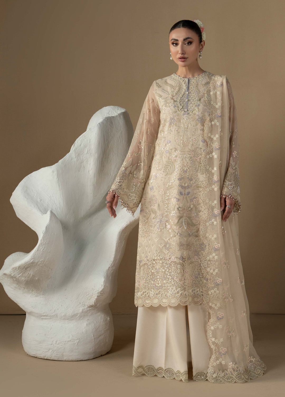 Purkashish by Lavish Premium Unstitched Embroidered Chiffon 3 Piece Suit LVP26UCP Pearl Ivory D-08 - Wedding Collection
