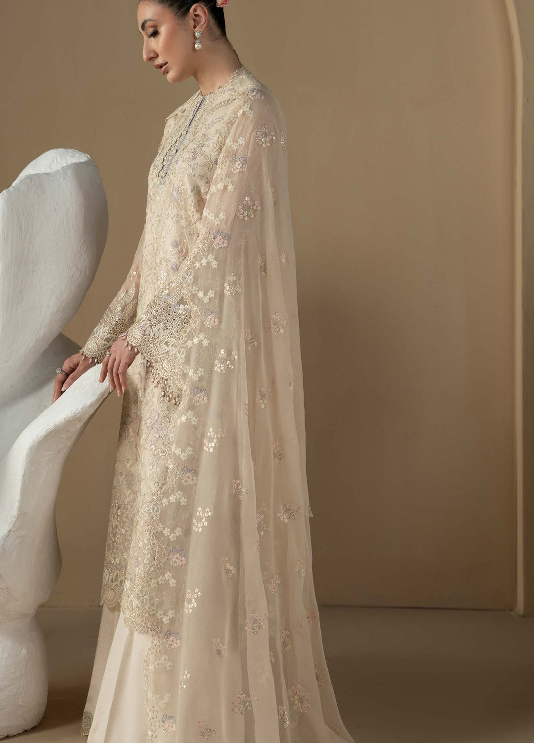 Purkashish by Lavish Premium Unstitched Embroidered Chiffon 3 Piece Suit LVP26UCP Pearl Ivory D-08 - Wedding Collection