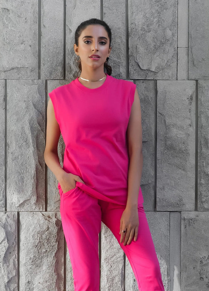 Dhaga Women Western Solids 2 Piece jersy Fushia Co Ords Sleevesles DHSSSCO1 - Summer Collection