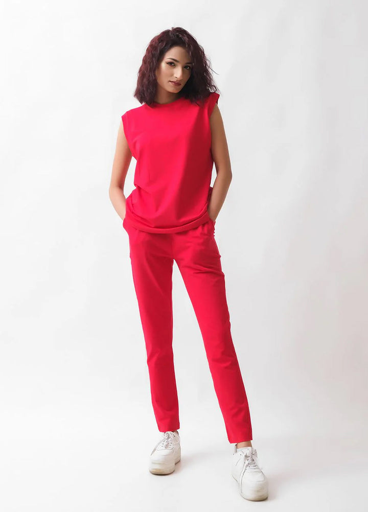 Dhaga Women Western Solids 2 Piece jersy Red Co Ords Sleevesless DHSSSCO5 - Summer Collection