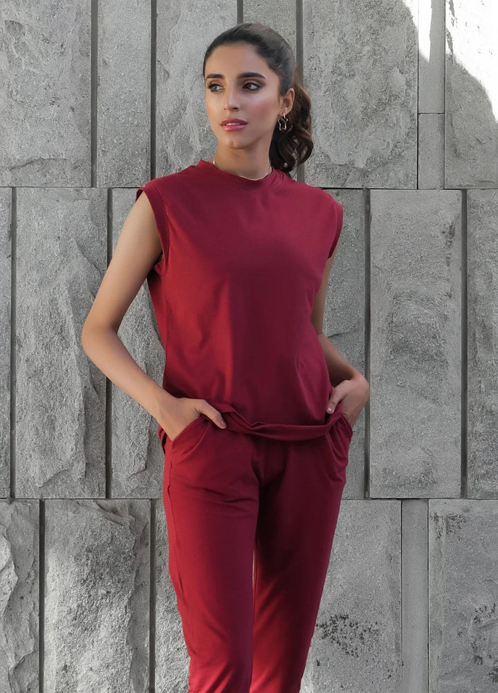 Dhaga Women Western Solids 2 Piece jersy Red Pear Co Ords Sleevesless DHSSSCO5 - Summer Collection