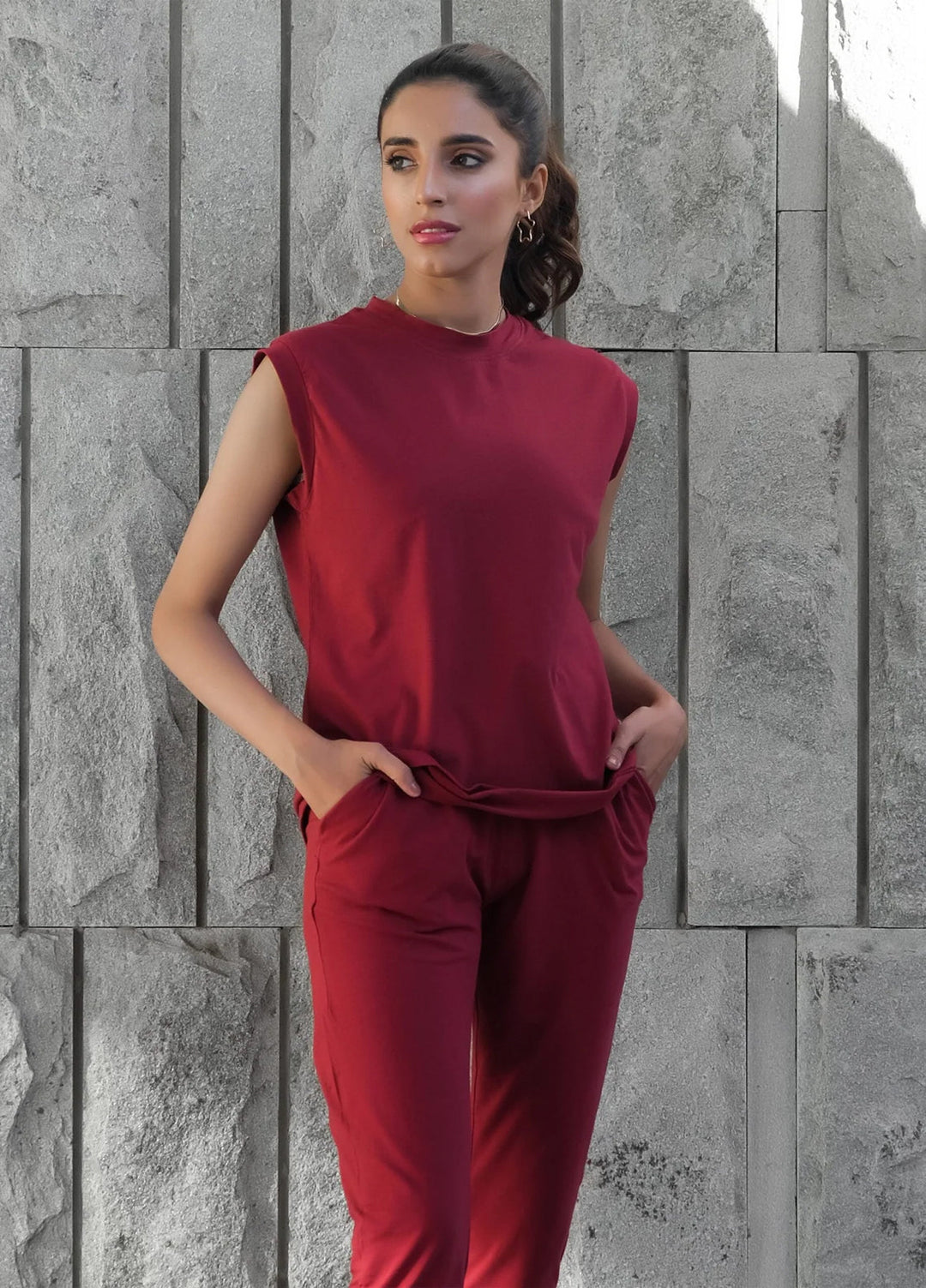 Dhaga Women Western Solids 2 Piece jersy Red Pear Co Ords Sleevesless DHSSSCO5 - Summer Collection
