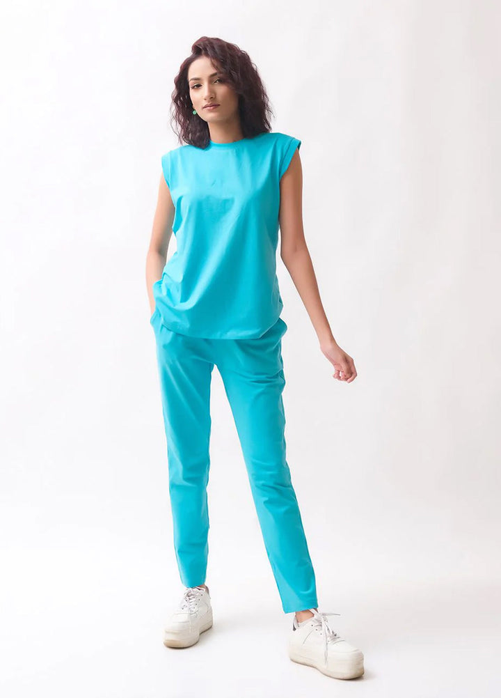 Dhaga Women Western Solids 2 Piece jersy Turquoise Co Ords Sleevesless DHSSSCO5 - Summer Collection