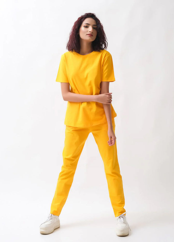 Dhaga Women Western Solids 2 Piece jersy Yellow Co Ords Half Sleeves DHSSSCO5 - Summer Collection