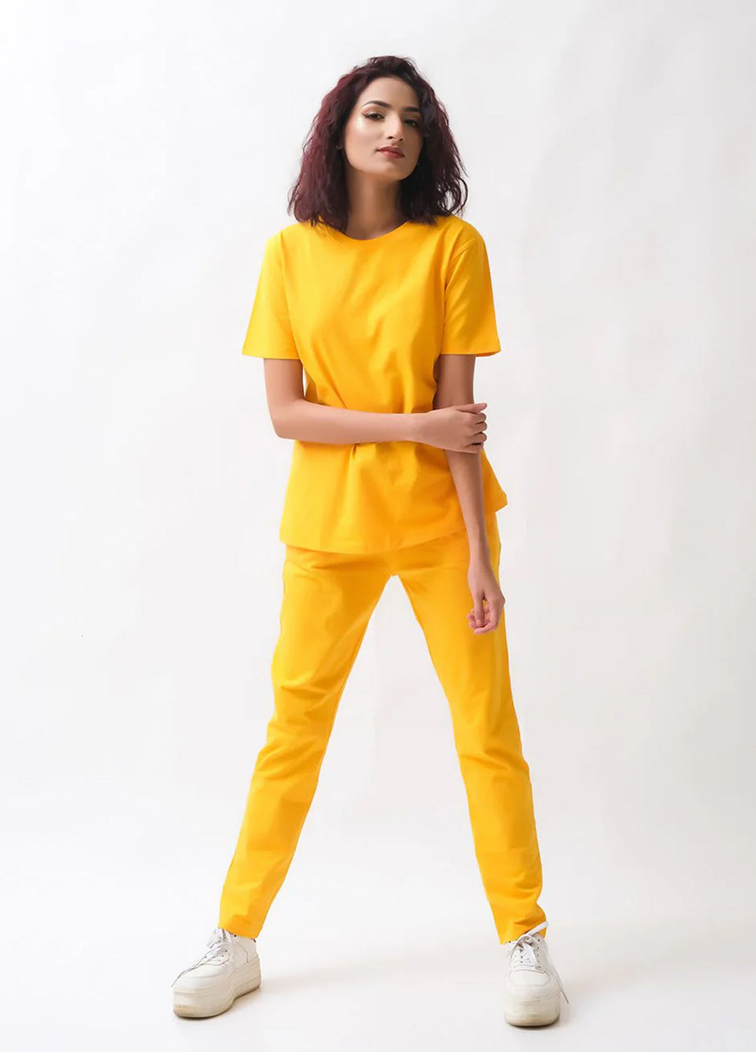 Dhaga Women Western Solids 2 Piece jersy Yellow Co Ords Half Sleeves DHSSSCO5 - Summer Collection