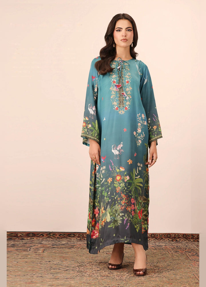 Essential Edit by Raum by Sarb RTW Printed Charmeuse Silk Kaftaan Suit RS26REE ED-01 Peacock Blue - Casual Collection