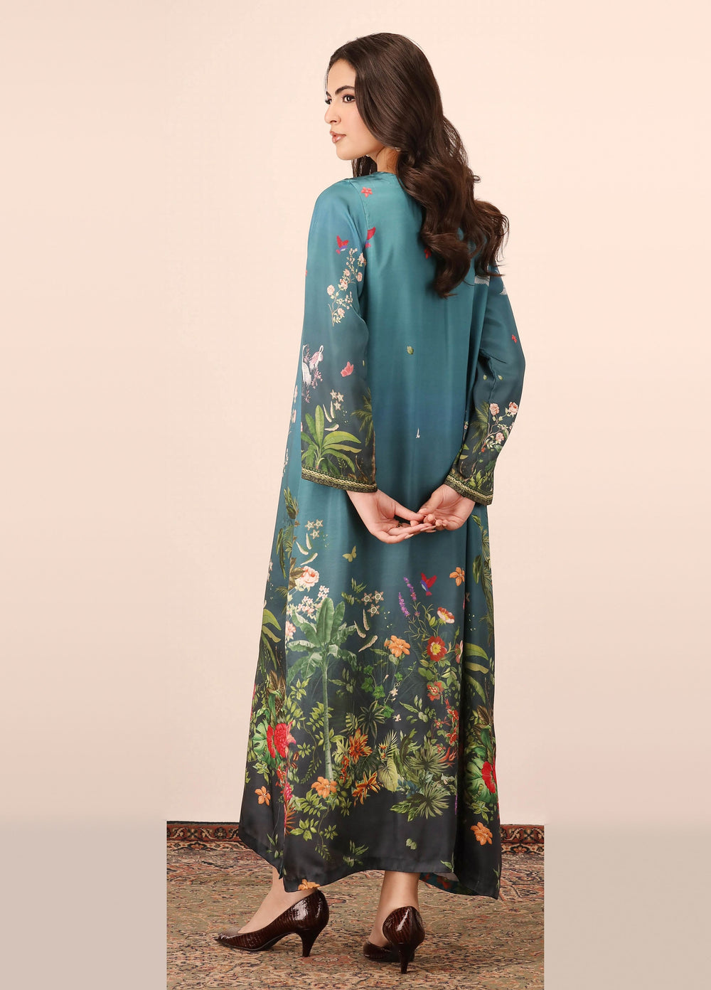 Essential Edit by Raum by Sarb RTW Printed Charmeuse Silk Kaftaan Suit RS26REE ED-01 Peacock Blue - Casual Collection