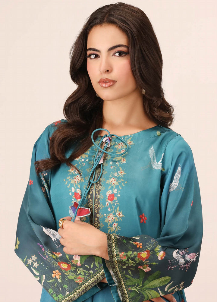 Essential Edit by Raum by Sarb RTW Printed Charmeuse Silk Kaftaan Suit RS26REE ED-01 Peacock Blue - Casual Collection