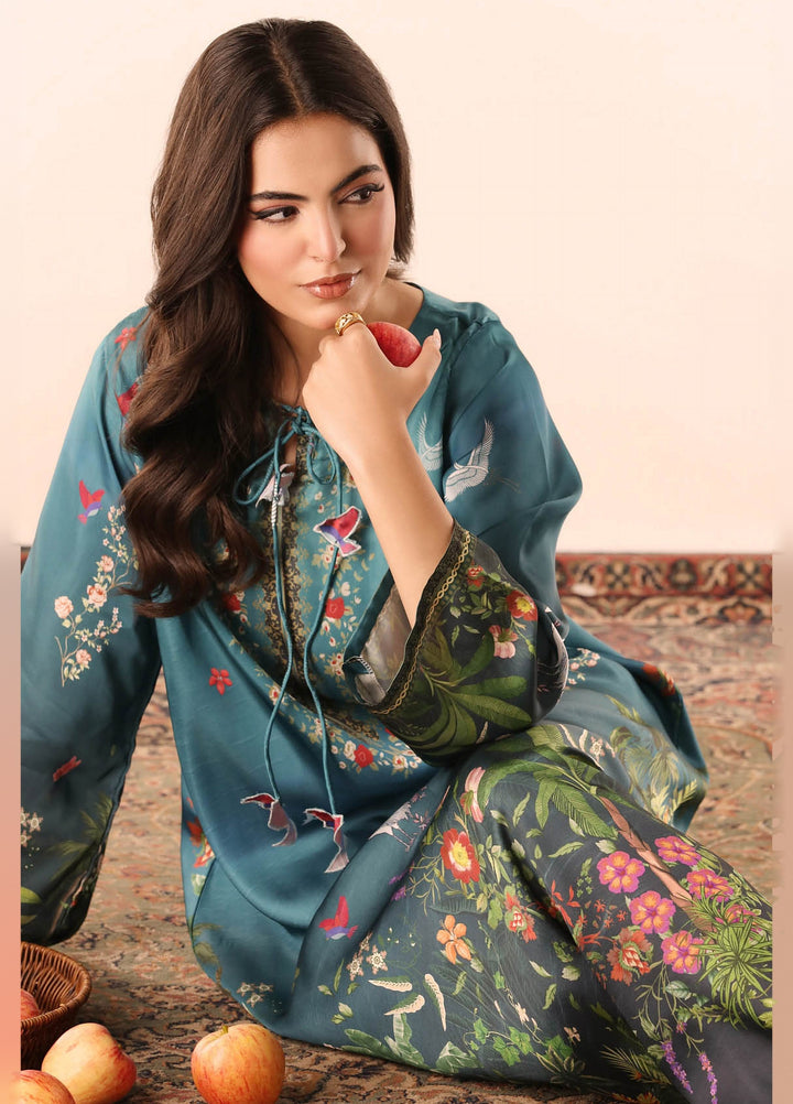 Essential Edit by Raum by Sarb RTW Printed Charmeuse Silk Kaftaan Suit RS26REE ED-01 Peacock Blue - Casual Collection