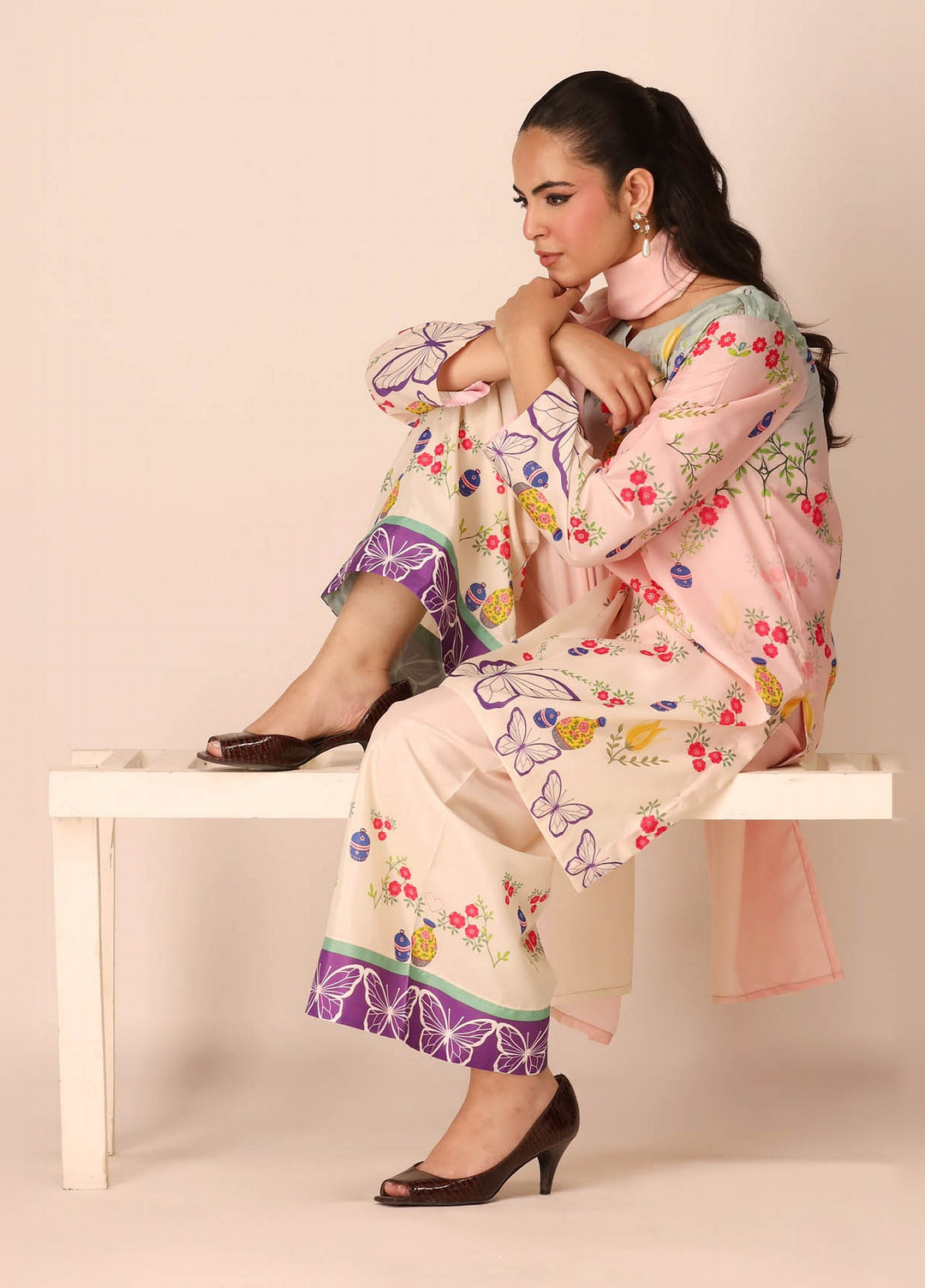 Essential Edit by Raum by Sarb RTW Printed Grip Silk 3 Piece Suit RS26REE ED-06 Off White - Casual Collection