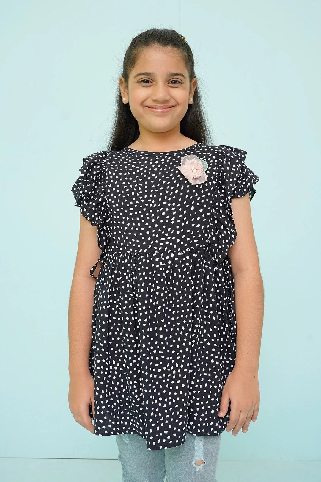 Ochre RTW Printed Linen Printed Top Girls 1 Piece OWT-438BLK - Summer Collection