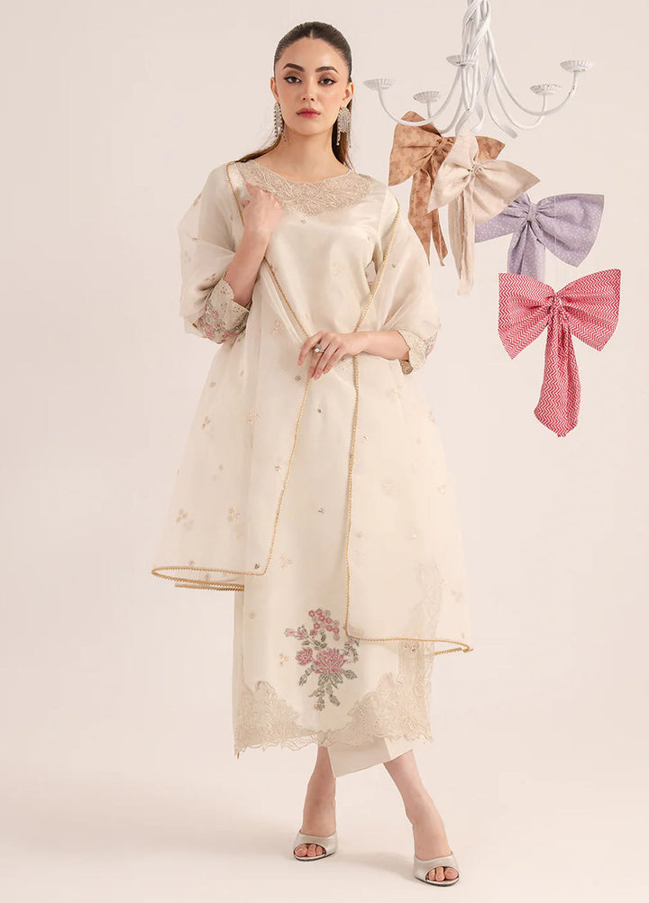 Izel Pret Embroidered Raw Silk 3 Piece Suit Ecru