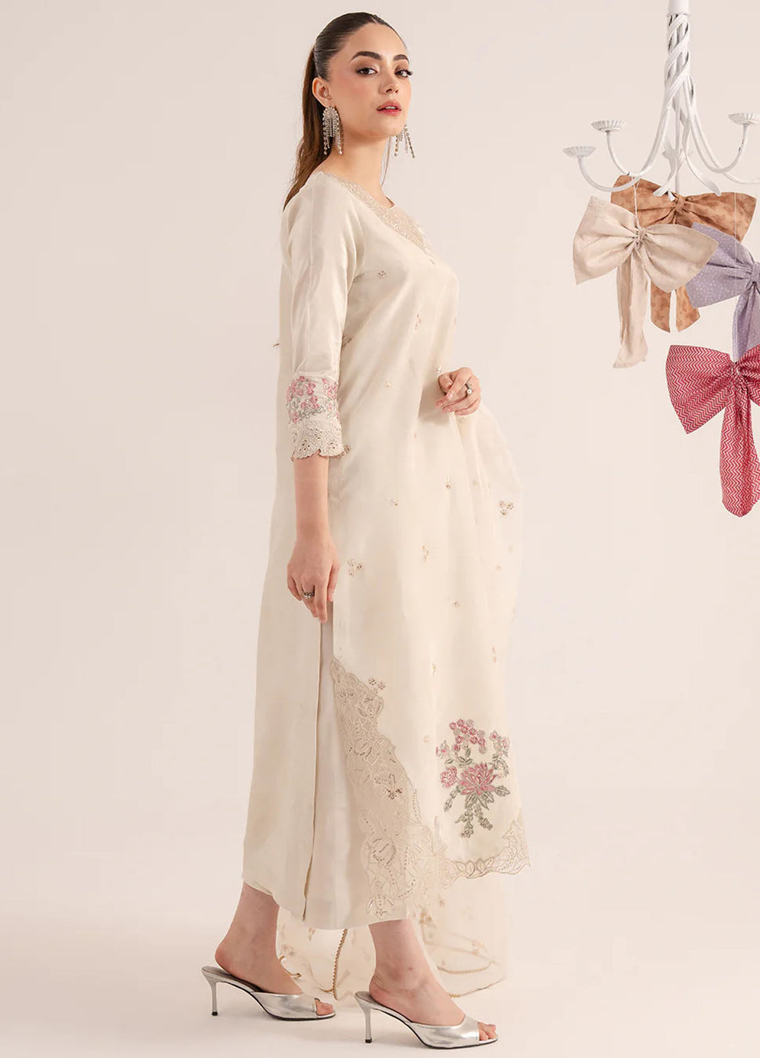 Izel Pret Embroidered Raw Silk 3 Piece Suit Ecru