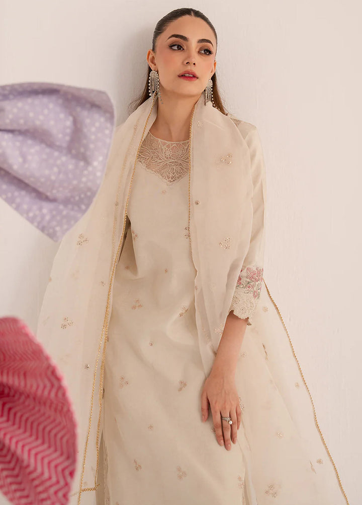Izel Pret Embroidered Raw Silk 3 Piece Suit Ecru