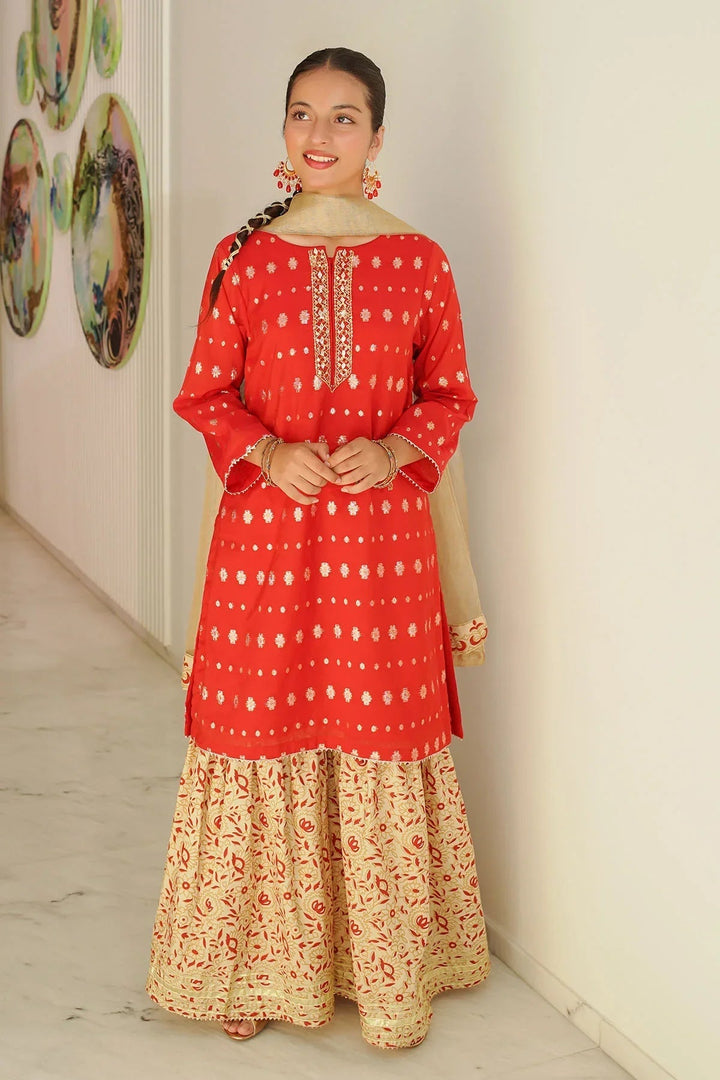 Ochre RTW Embroidered Girls 3 Piece Jacquard Hand Adda Work SHD-08 - Winter Collection