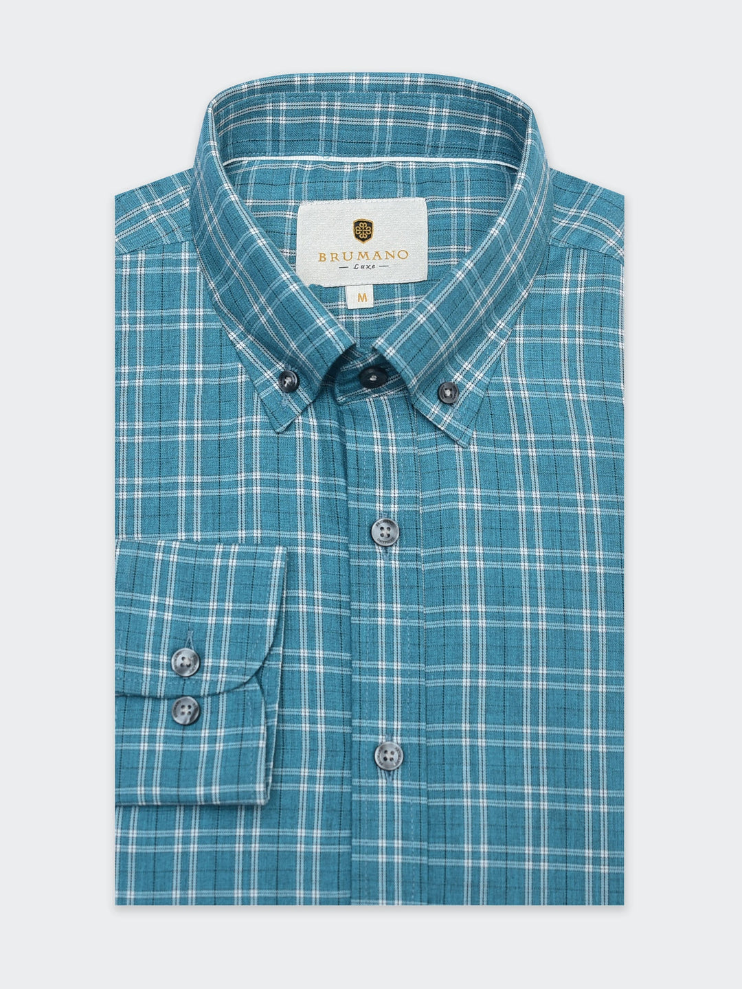 Brumano Mens RTW Solids Cotton Shirt Emerald Green Checkered Western Collection