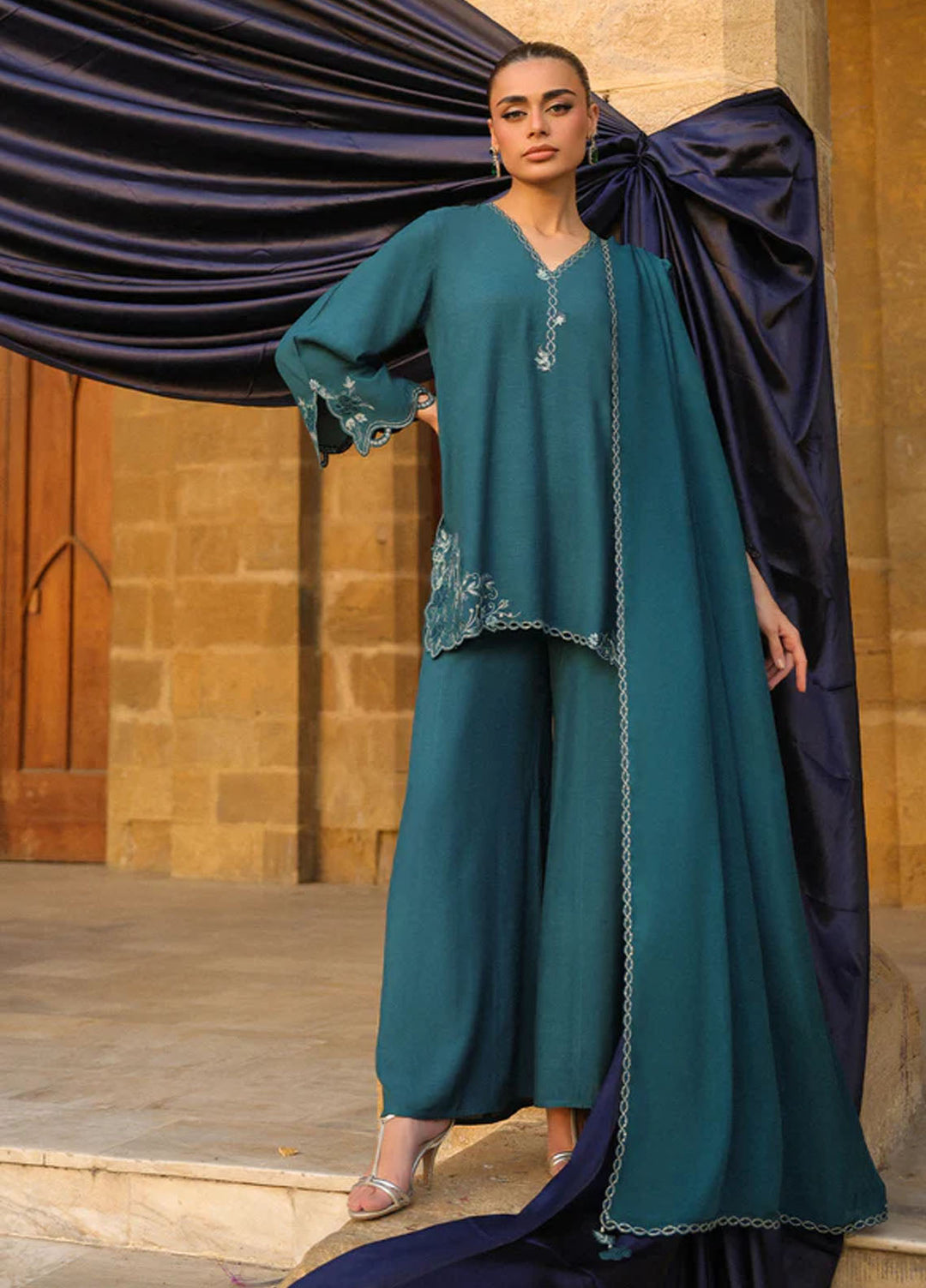 Luxe by Sahar Pret Embroidered Raw Silk 3 Piece Emerald Essence