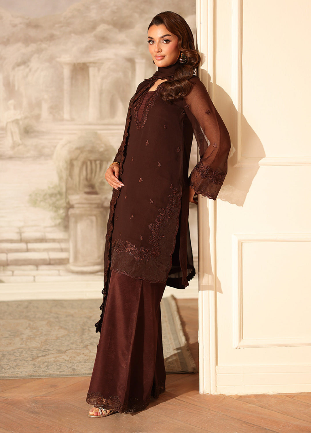 Ensembles by Azure Embroidered Unstitched Chiffon Suits 3 Piece AZU25EU ES-115-1 Cocoa Drape - Festive Collection