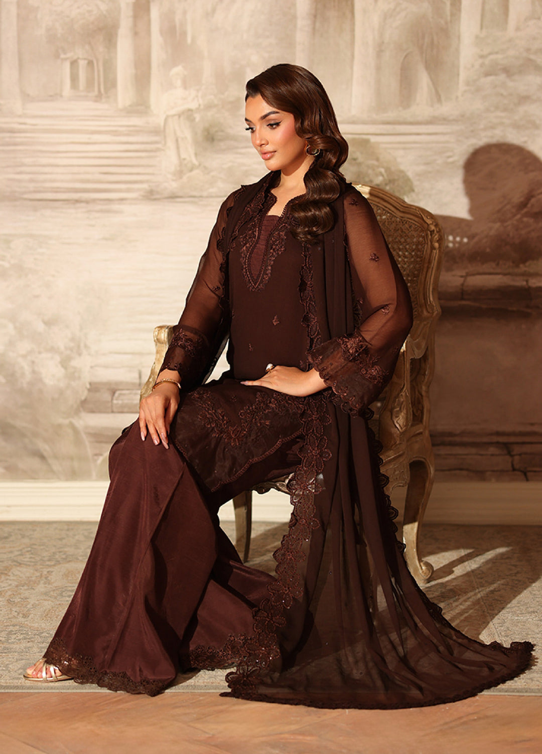 Ensembles by Azure Embroidered Unstitched Chiffon Suits 3 Piece AZU25EU ES-115-1 Cocoa Drape - Festive Collection