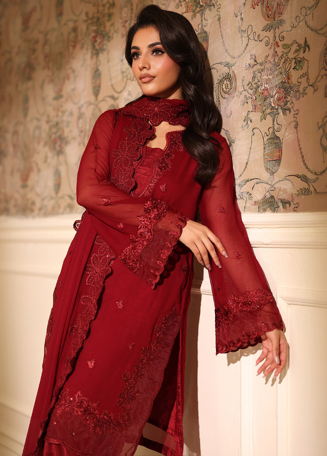 Ensembles by Azure Embroidered Unstitched Chiffon Suits 3 Piece AZU25EU ES-115-2 Cherry Veil - Festive Collection